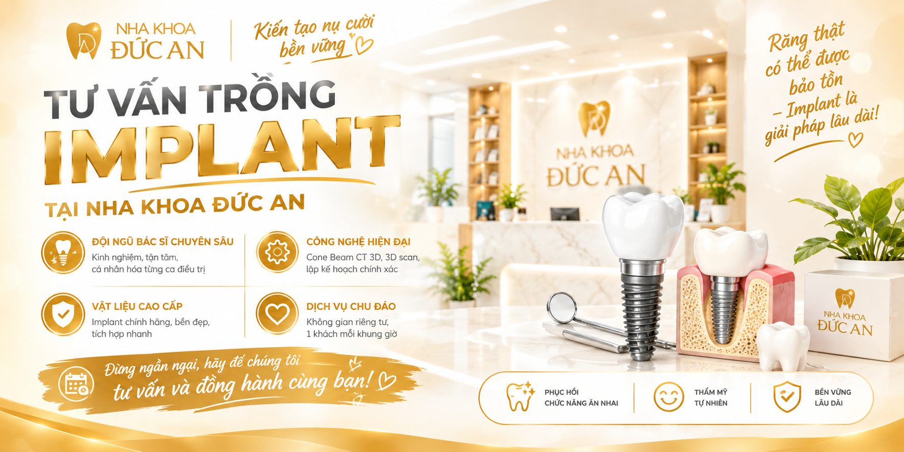 Tại Nha Khoa Đức An Nha Trang, bác sĩ sẽ thăm khám và đánh giá tình trạng răng, xương hàm trước khi tư vấn loại Implant phù hợp với từng trường hợp.
